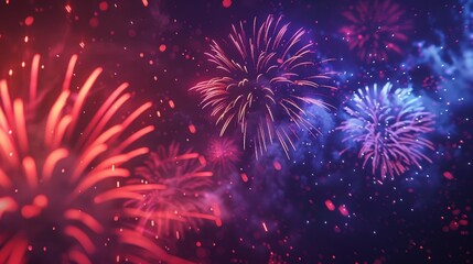 Crimson and Violet Fireworks Exploding in the Night Sky