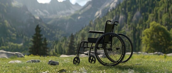 Wheelchair on a grassy meadow with mountain backdrop.