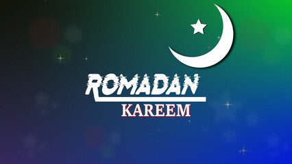 Colorful Ramadan Kareem greeting with crescent moon and star on a dark background.