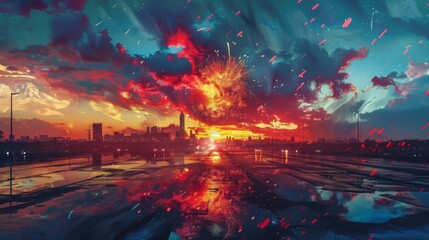 Colorful Fireworks in Post-Apocalyptic City Sky