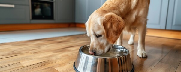 Dog drinking water detail from metal bowl in kitchen background.