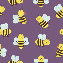 Seamless pattern of cute smiling bees on purple background. Template for postcard, card, print, wallpaper. Vector illustration