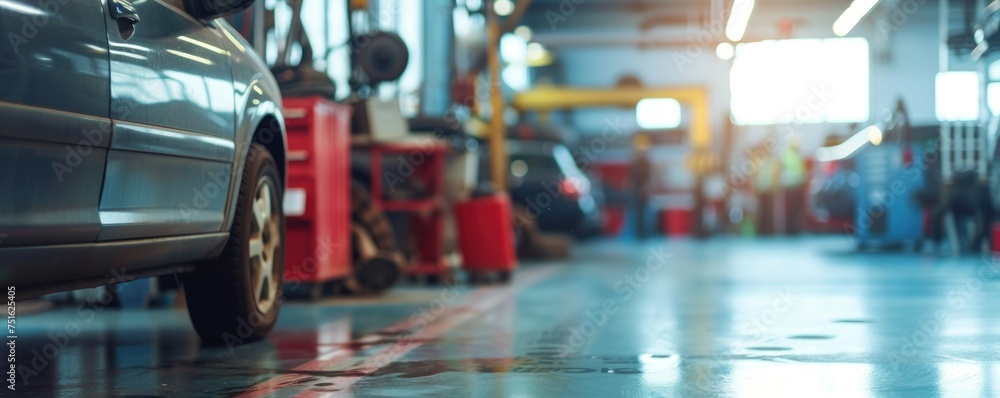 Wall mural blurred car maintenance center or auto interior