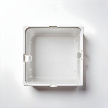 Empty white plastic bowl. Open ice cream container without empty lid. Top view. AI image.