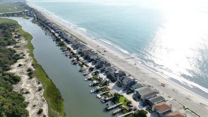 Vacation beach houses by the sea on the coast of South Carolina at Pawleys Island in early morning...