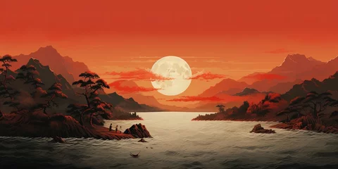 Fotobehang sun or moon horizon drawing, japanese style. © Svitlana