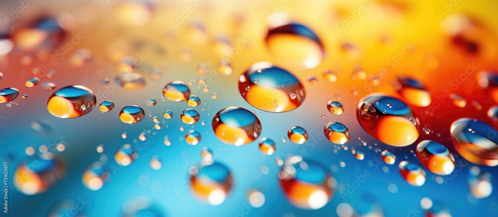 Poster various sized drops of water rest on a colorful surface, creating a dynamic interplay between water 