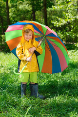 smiling boy with colorful umbrell� stands on lawn in  summer park
