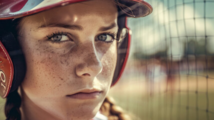 Closeup photo of a softball pitcher starring toward home plate with a serious look. gritty mean