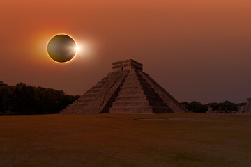Solar Eclipse - Pyramid of Kukulcan in the Mexican city of Chichen Itza - Mayan pyramids in...