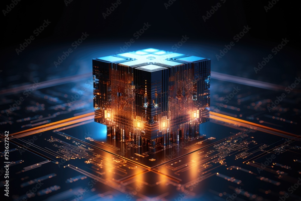 Poster a digital representation of a quantum computer, electronic components on a table generative ai