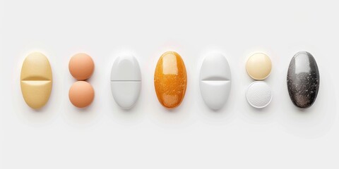 Set of different pills in row isolated on white background