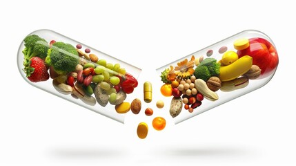 Nutritional supplements and vitamin supplements a capsules with fruit vegetables nuts and beans...
