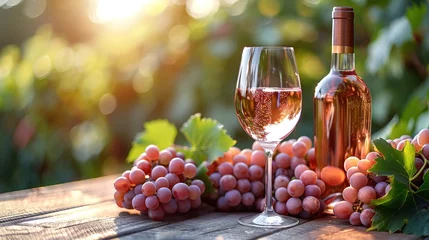 Fotobehang Rose wine tasting, glass of rose wine poured from bottle outdoors in garden party in vineyard © Vasiliy