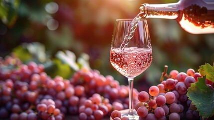 Rose wine tasting, glass of rose wine poured from bottle outdoors in garden party in vineyard - obrazy, fototapety, plakaty