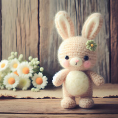 Vintage Woolen Rabbit on Wooden Background