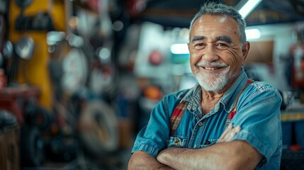 Smiling Elder Mechanic: Joyful Workshop Portrait of Skilled Expertise, Skilled and Happy Elder Mechanic's Joyful Smile in Garage Workshop