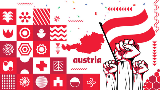 Austria national day banner with map, flag colors theme background and geometric abstract retro modern white red design. Vienna Austrian theme. Vector Illustration.