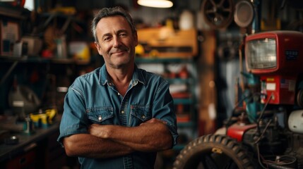 Fototapeta premium Workshop Confidence: Senior Mechanic with Arms Crossed in Garage, Socially Engaged Grandparentcore Senior Mechanic's Workshop Pride