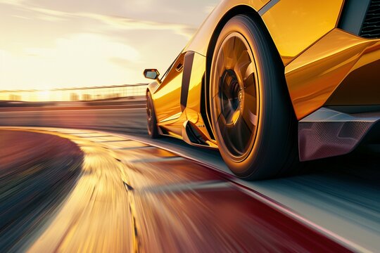 An electrifying action shot captures a race car tearing down the track, destined for a thrilling poster design infused with a sense of speed and motion