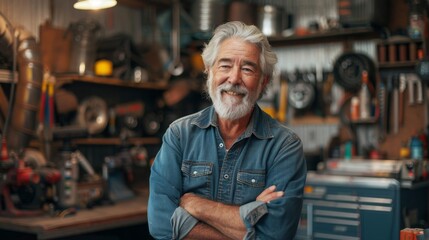 Fototapeta premium Smiling Elder Mechanic: Joyful Workshop Portrait of Skilled Expertise, Skilled and Happy Elder Mechanic's Joyful Smile in Garage Workshop