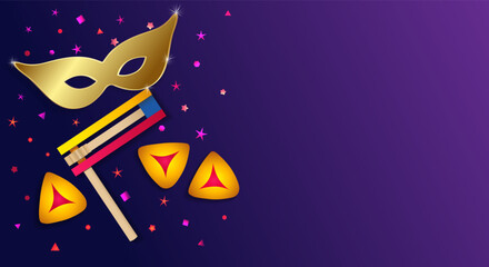 Purim violet background with golden carnival mask raashan and hamentashen. Chag Purim sameach design for holiday card or banner. Vector illustration