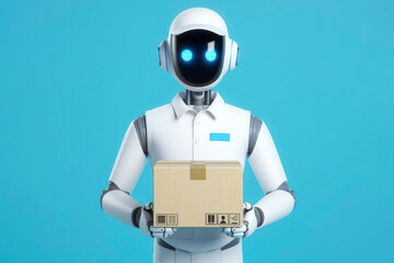 delivery white AI robot with a package, male courier wearing uniform holding box. ai generative
