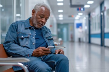 Senior African American man focused on using a smartphone while sitting in a hospital waiting room. Hospital queue - obrazy, fototapety, plakaty