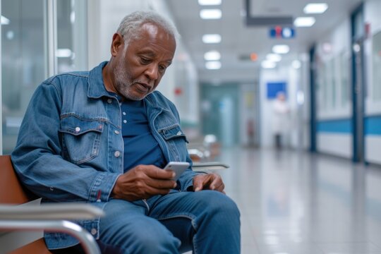 Senior African American man focused on using a smartphone while sitting in a hospital waiting room. Hospital queue