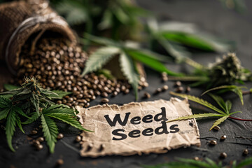Artisanal presentation of cannabis seeds spilling from a burlap sack with hemp leaves and buds