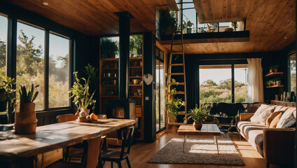 Eco-friendly living in a sunlit shipping container abode, skillfully decorated for a perfect balance of comfort and sustainability. - obrazy, fototapety, plakaty