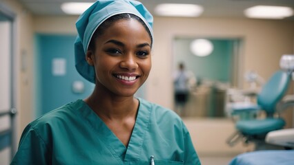 Portrait of a black woman dental student in hospital wearing scrub - obrazy, fototapety, plakaty
