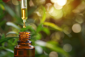 CBD oil dropper against a natural green bokeh background, alternative medicine and wellness concept
