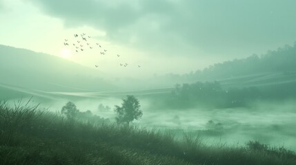 Misty morning fog rolling over a tranquil countryside.