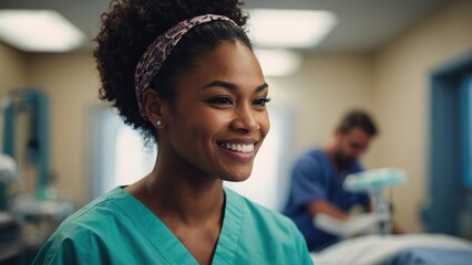 Portrait of a black woman dental student in hospital wearing scrub - obrazy, fototapety, plakaty