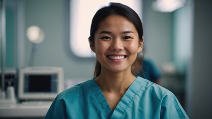 Portrait of a asian woman dental student in hospital wearing scrub