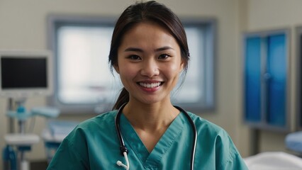 Portrait of a asian woman dental student in hospital wearing scrub - obrazy, fototapety, plakaty