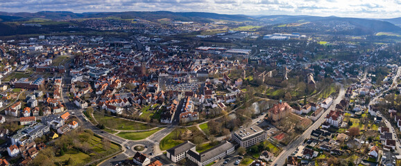 Aerial view around the old town of Bad Hersfeld in germany on a sunny day in fall	