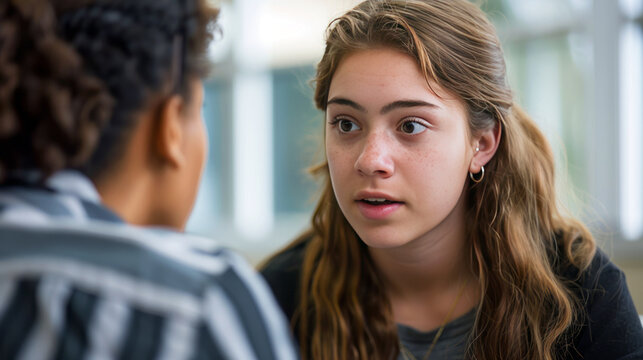 Young attentive female counselor engaged in a conversation with a high school student