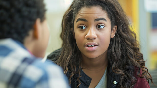 Young attentive female counselor engaged in a conversation with a high school student