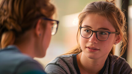 Female mentor with glasses attentively listens to a student, offering guidance and support
