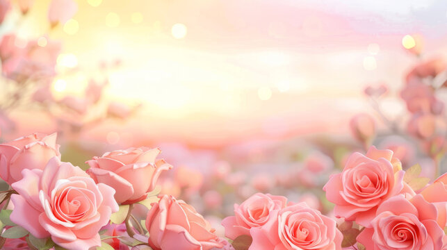 Cluster of delicate pink roses in full bloom against a dreamy bokeh background with soft golden light