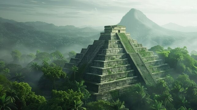 Aerial View of Ancient Mayan Temple. Remains of Old Civilization Landscape, Pull Back Drone Shot. Aztec pyramid architecture. Abandoned lost culture. World history. Place of worship.