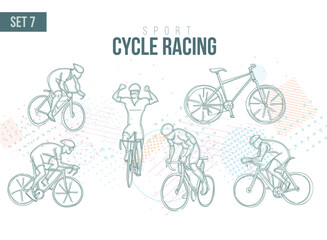sport bicycle racer riding a bike on abstract Tournament Summer Games , sports games hand-drawn doodles. Cycle sport flat art poster vector illustration set