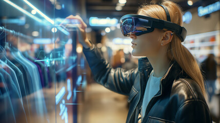 Young woman using virtual reality glasses for an interactive shopping experience in a futuristic retail environment.
