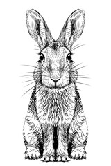 Graphic portrait of a sitting rabbit in sketch style on a white background. 