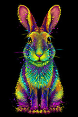 Abstract, multicolored portrait of a sitting rabbit in watercolor style on a black background. 