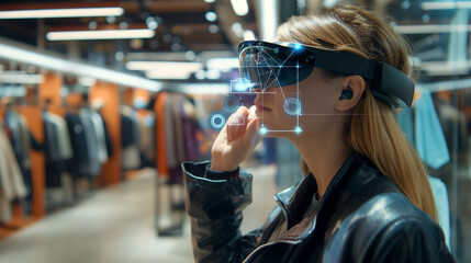 Young woman using virtual reality glasses for an interactive shopping experience in a futuristic retail environment.
