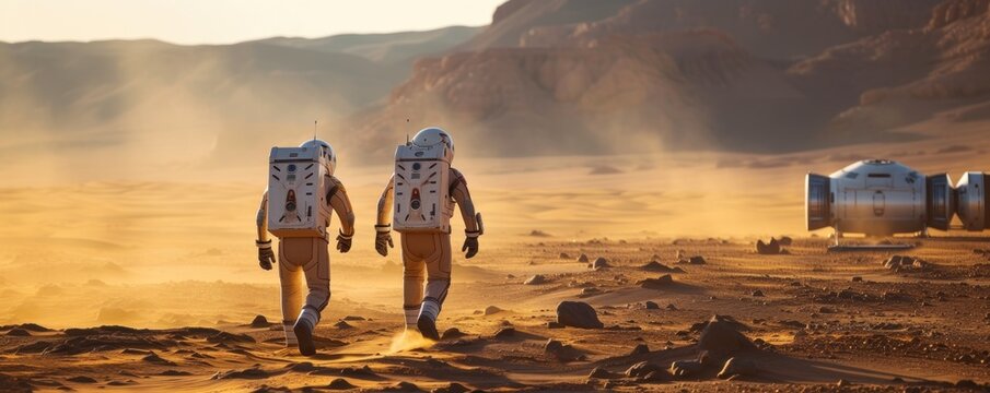 Astronauts on Moon in suit exploring planet.