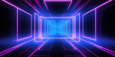 Abstract neon light geometric background. Glowing neon lines. Empty futuristic stage laser....
